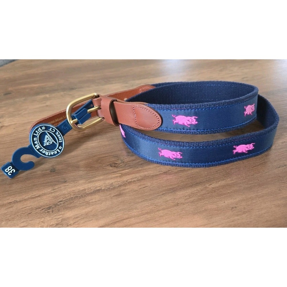 Leather Man LTD Men's 38 Belt Running Pink Pigs Leather Solid Brass Buckle Blue